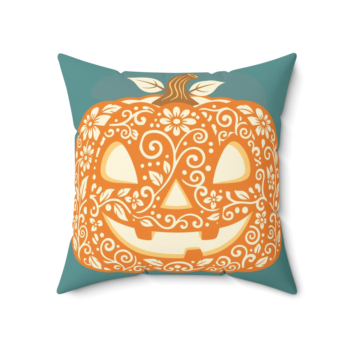 Floral Sugar Skull Pumpkin Pillow | Square Decorative Halloween Pillow