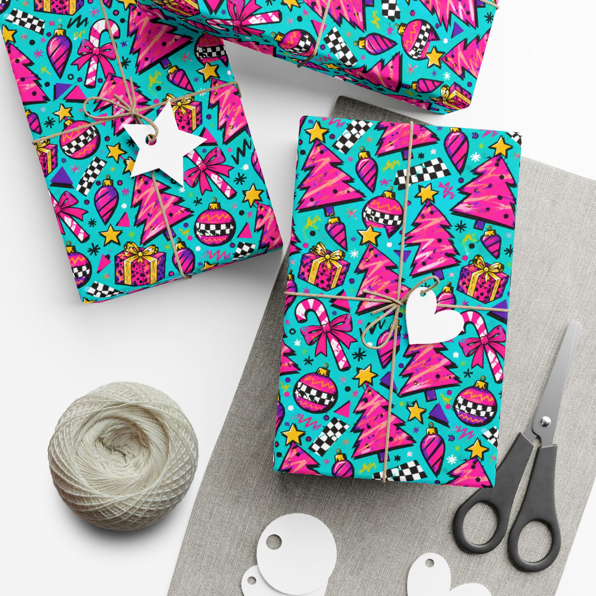 Christmas gift wrap paper, bright wrapped design with presents, stockings, stars, candy canes