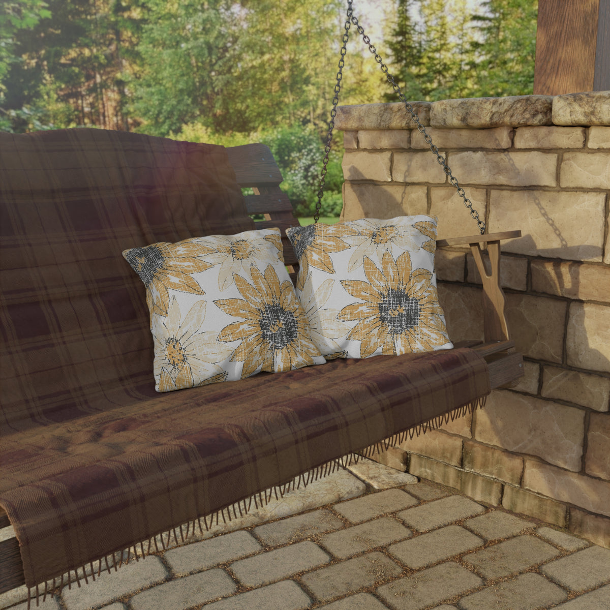 Sunflower Sketch Outdoor Pillow — Yellow Floral Patio Cushion