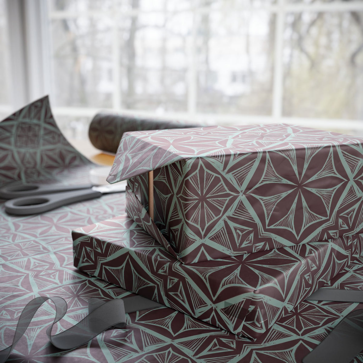 Geometric Starburst Pattern Wrapping Paper | Burgundy Teal Gift Wrap