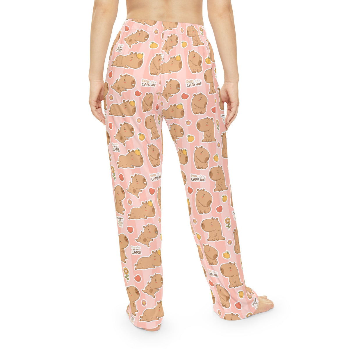 Women's pajama pants, pink capybara pattern, full-length straight fit