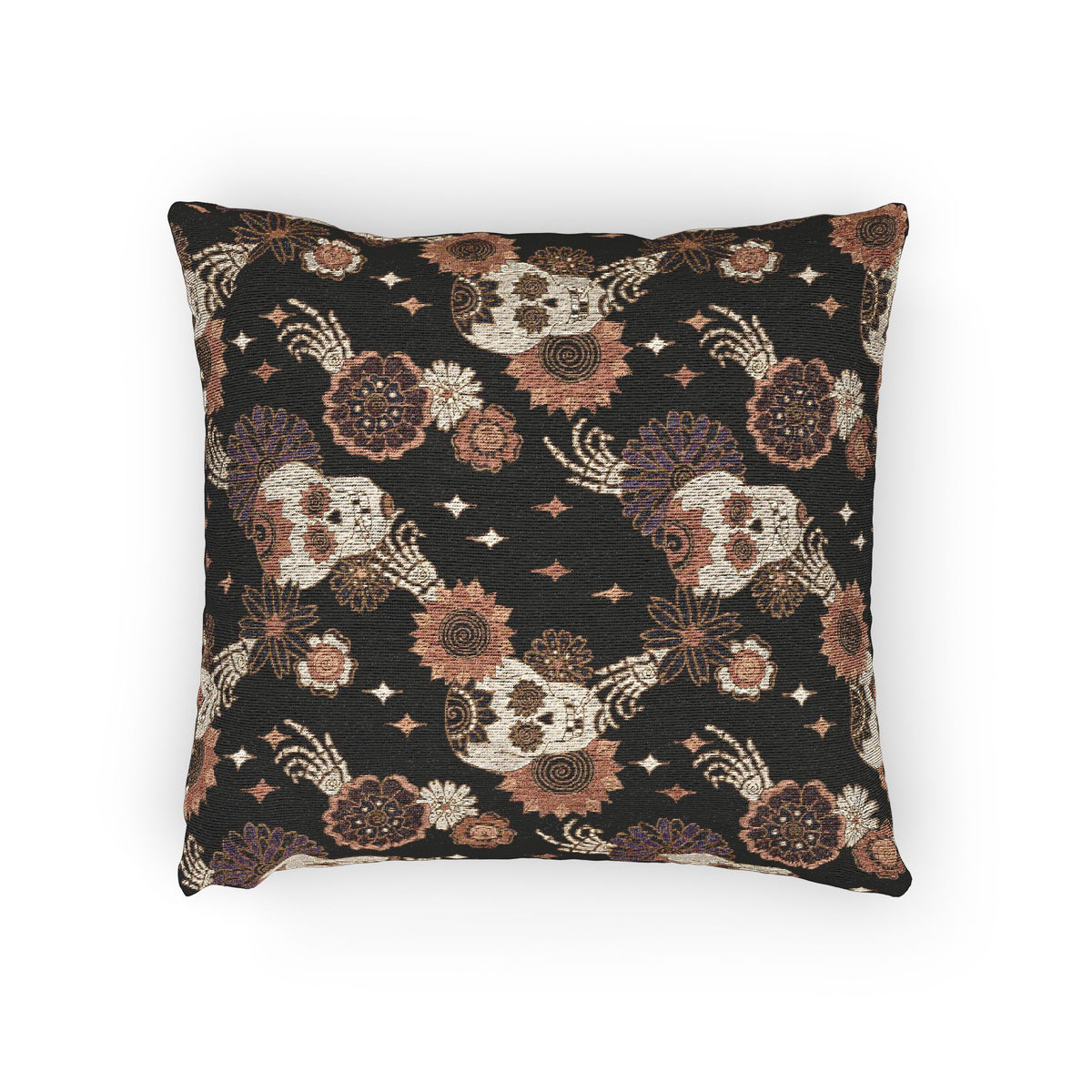 Skull and Roses Woven Pillow | Gothic Floral Pattern, Dark Boho Decor