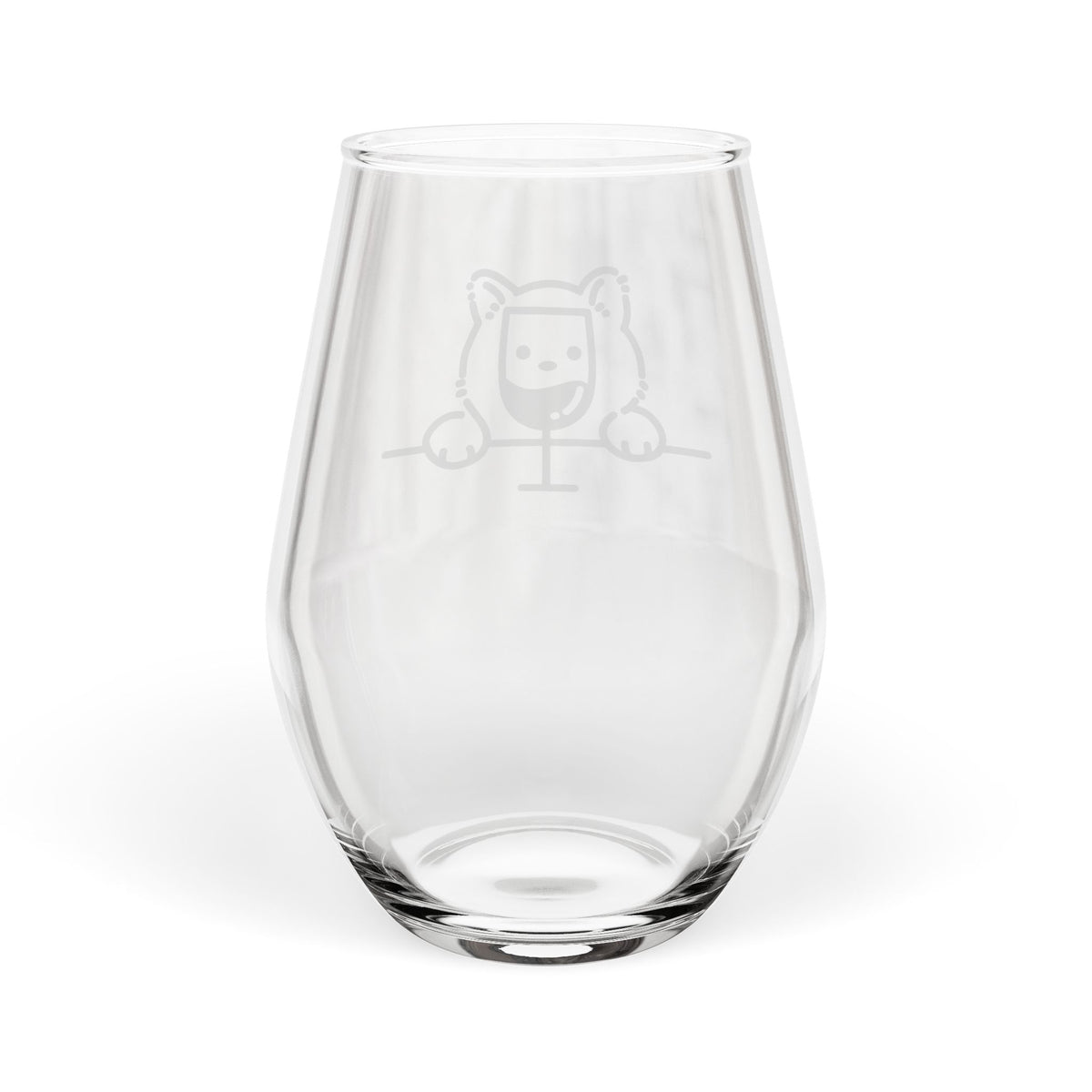 Clear stemless wine glass with faint light cat peek illustration on front