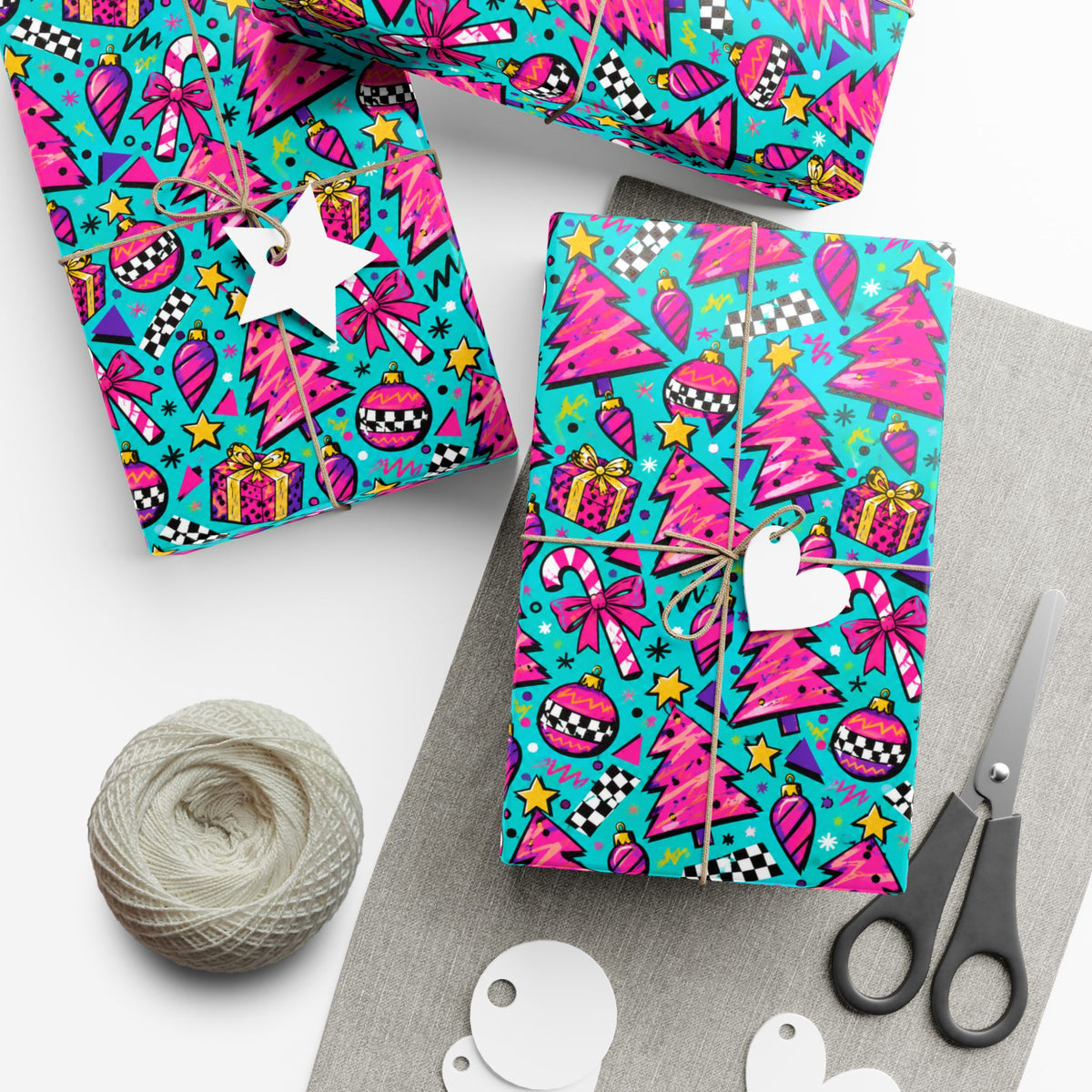 Christmas gift wrap paper, colorful holiday wrap with presents, bows, stockings, stars