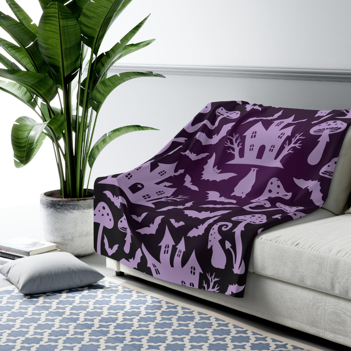 Haunted Castle and Mushrooms Sherpa Blanket | Purple Halloween Pattern