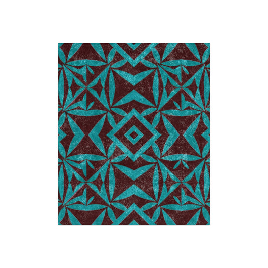 Crushed velvet blanket swatch, teal geometric tile pattern on dark brown background