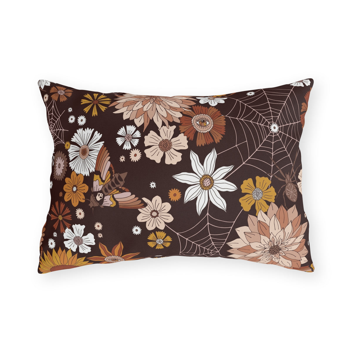 Outdoor Pillow — Brown Floral & Spiderweb Fall Decorative Cushion