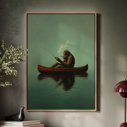 Framed canvas print of a fishing ape in a red canoe on a green water background