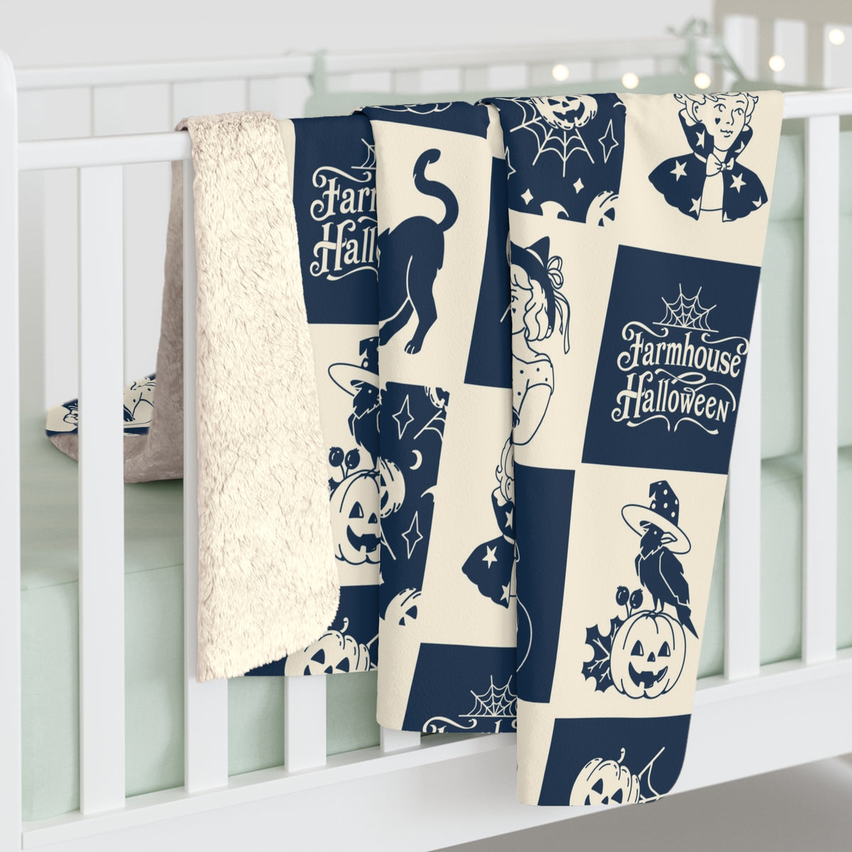 Vintage Farmhouse Halloween Sherpa Blanket — Retro Pumpkin & Cat Fleece Throw