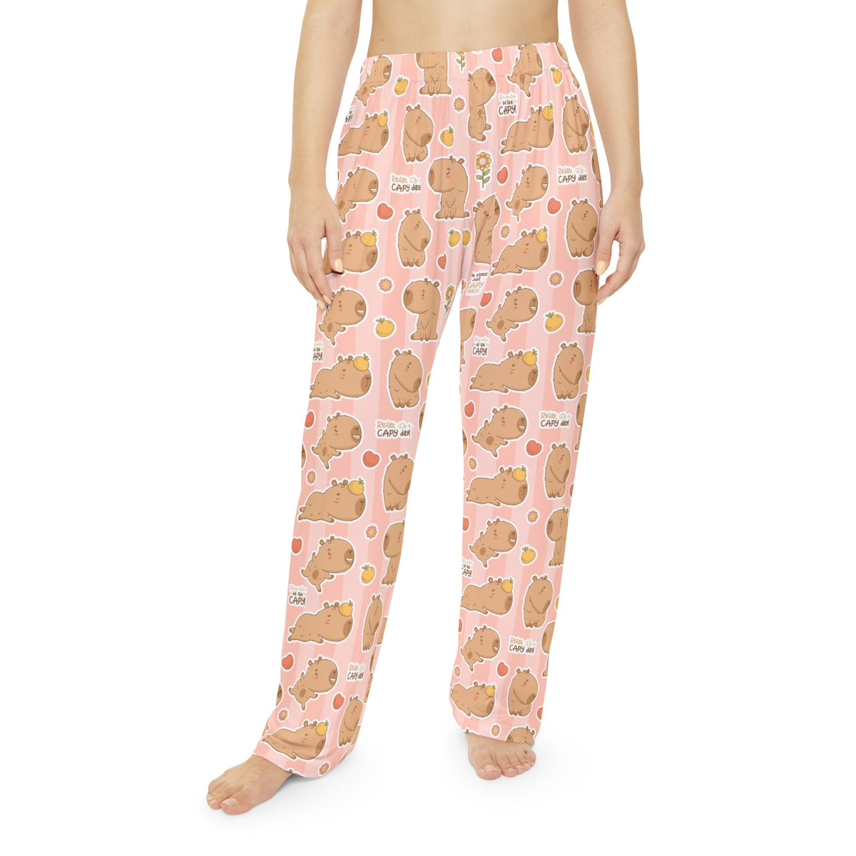 Women's pajama pants, pink capybara print with relaxed straight legs