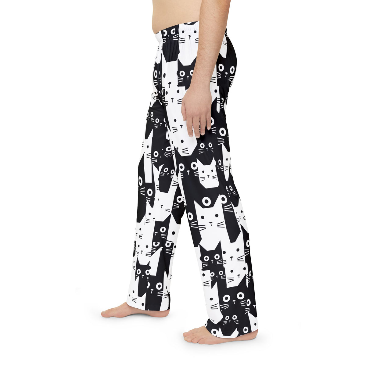 Men's Black and White Cat Pattern Pajama Pants | All-Over Print Lounge Trousers