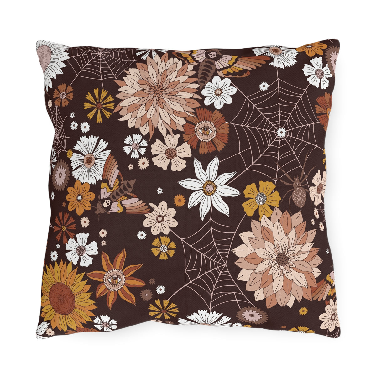 Outdoor Pillow — Brown Floral & Spiderweb Fall Decorative Cushion