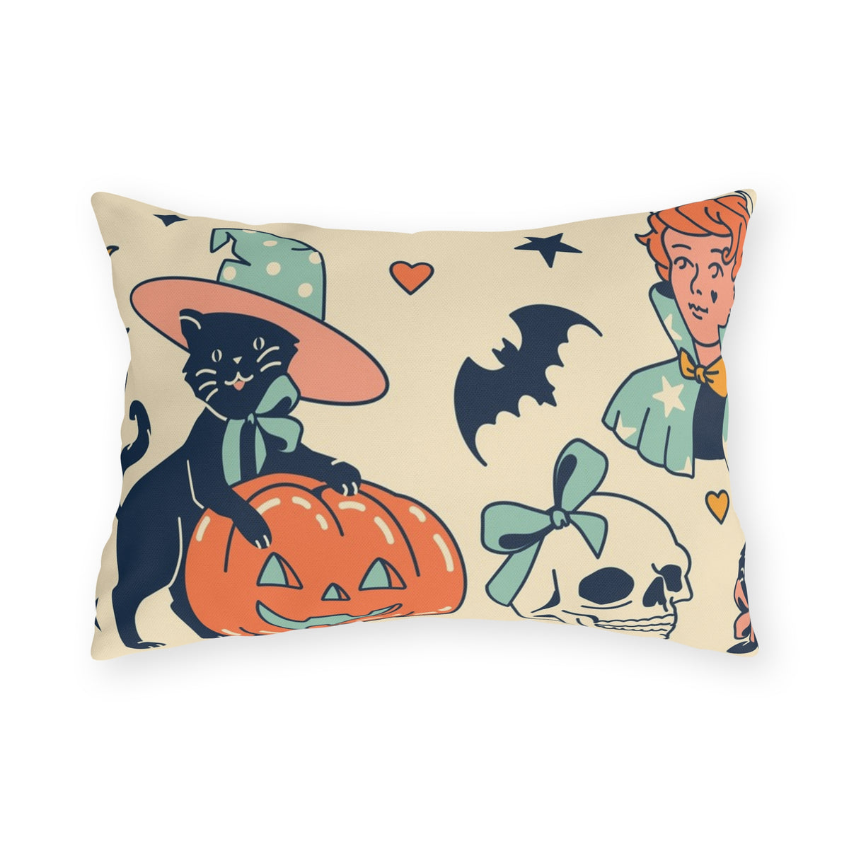 Vintage Halloween Witch Cats Outdoor Pillow | Pumpkin Skull Bat Pattern