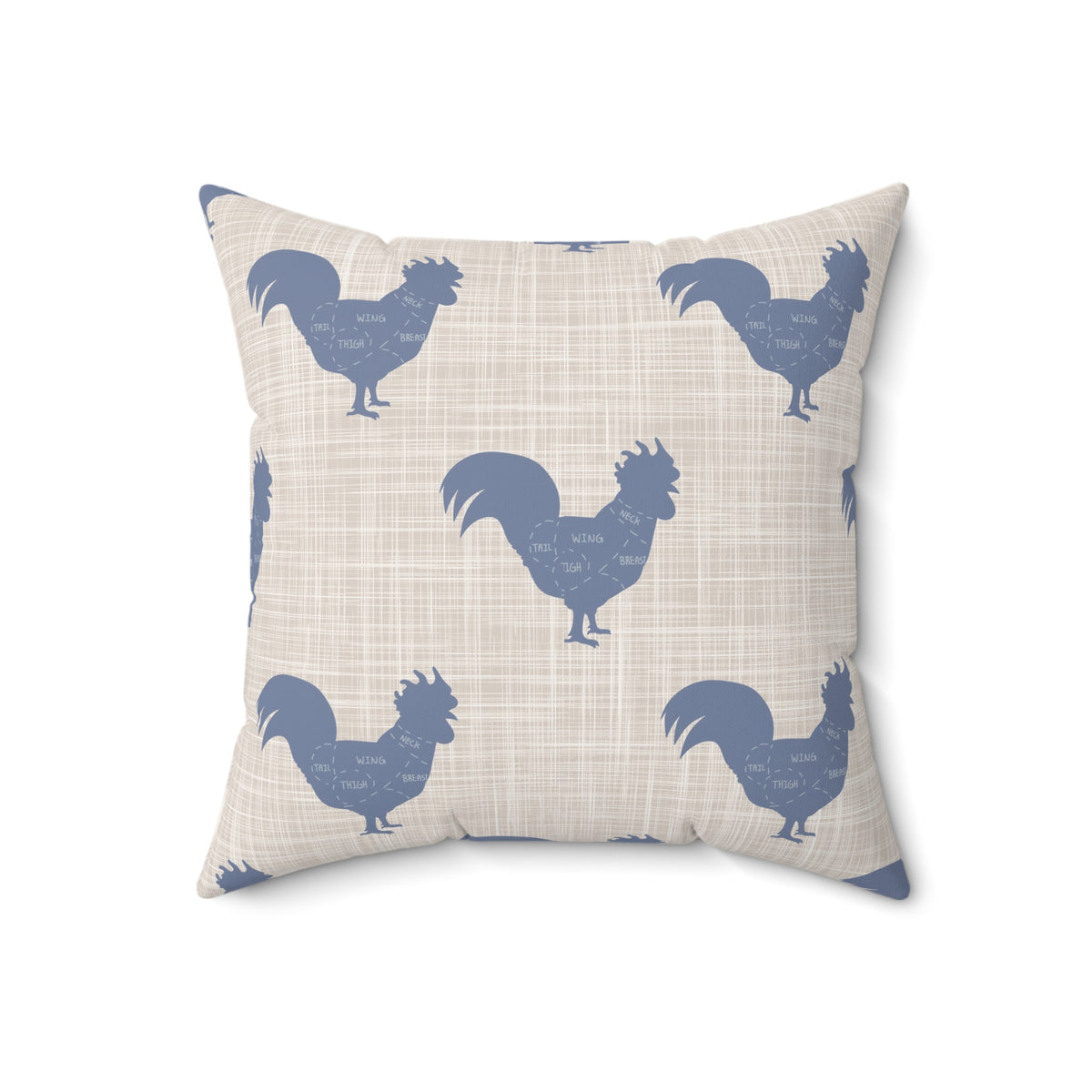 Light cream rooster throw pillow with scattered navy bird silhouettes and plaid texture