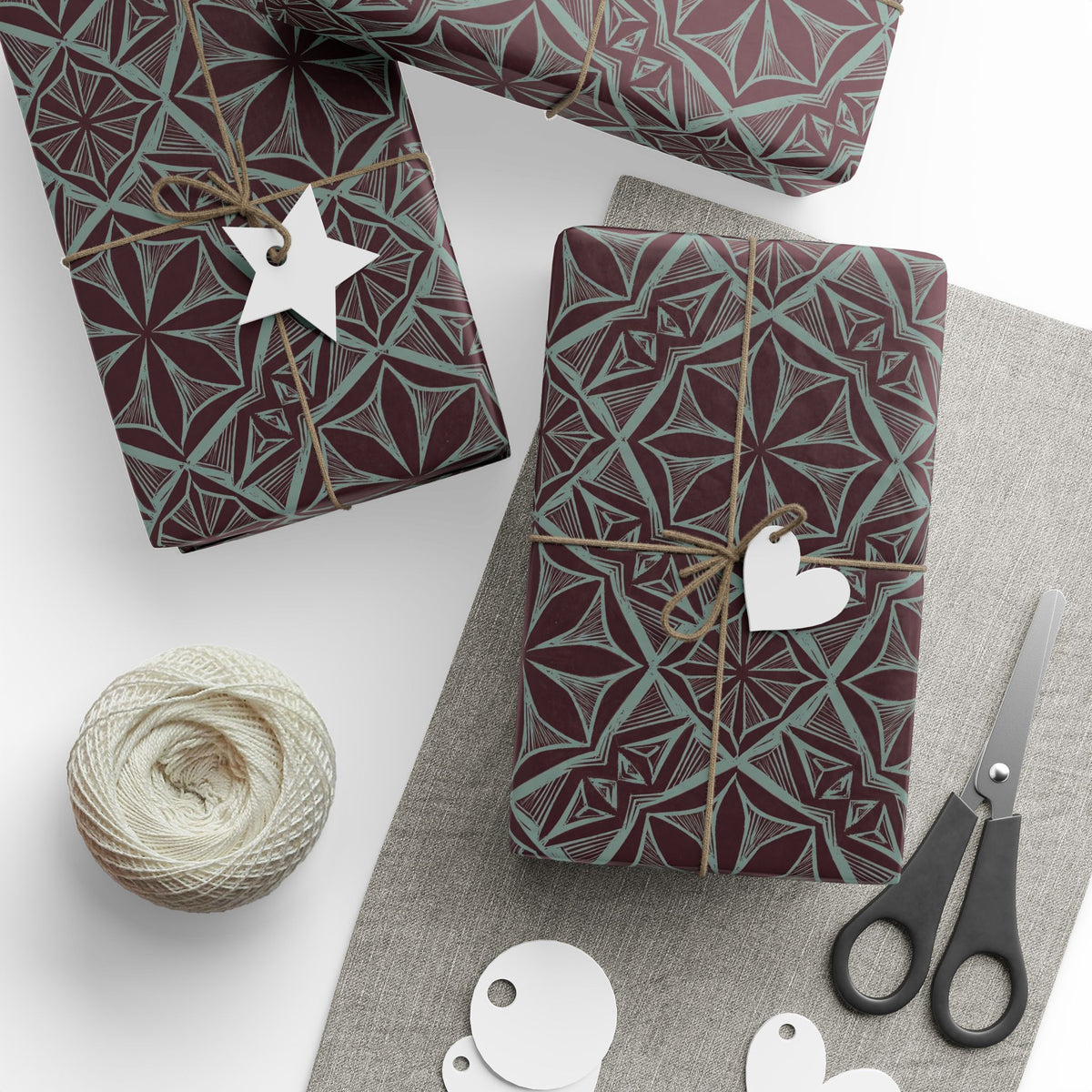 Geometric Starburst Pattern Wrapping Paper | Burgundy Teal Gift Wrap
