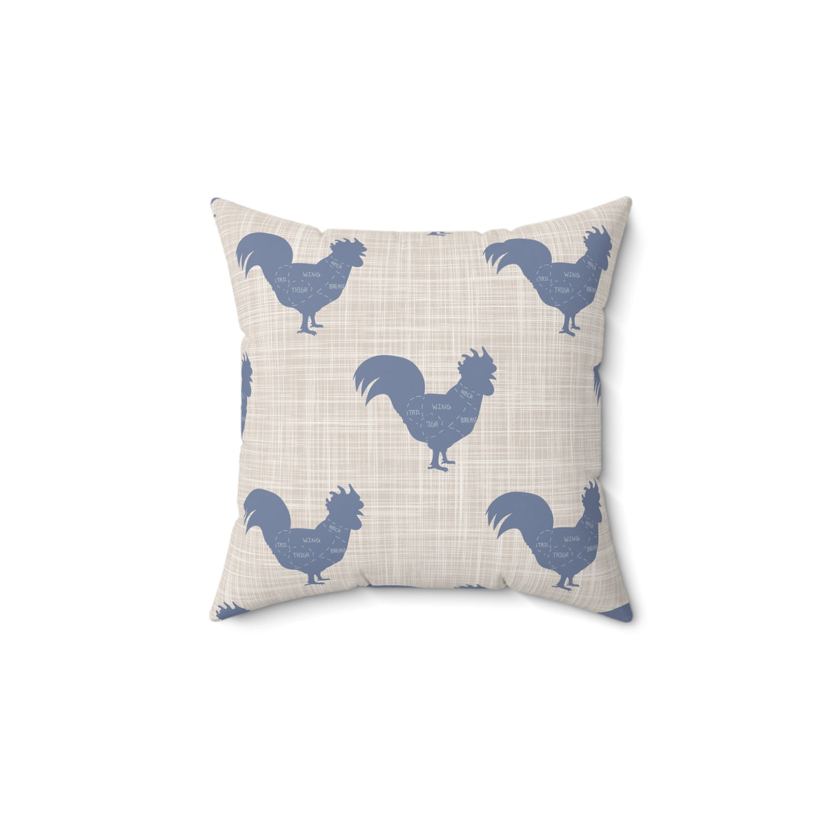 Rooster throw pillow featuring blue rooster silhouettes on light cream plaid fabric