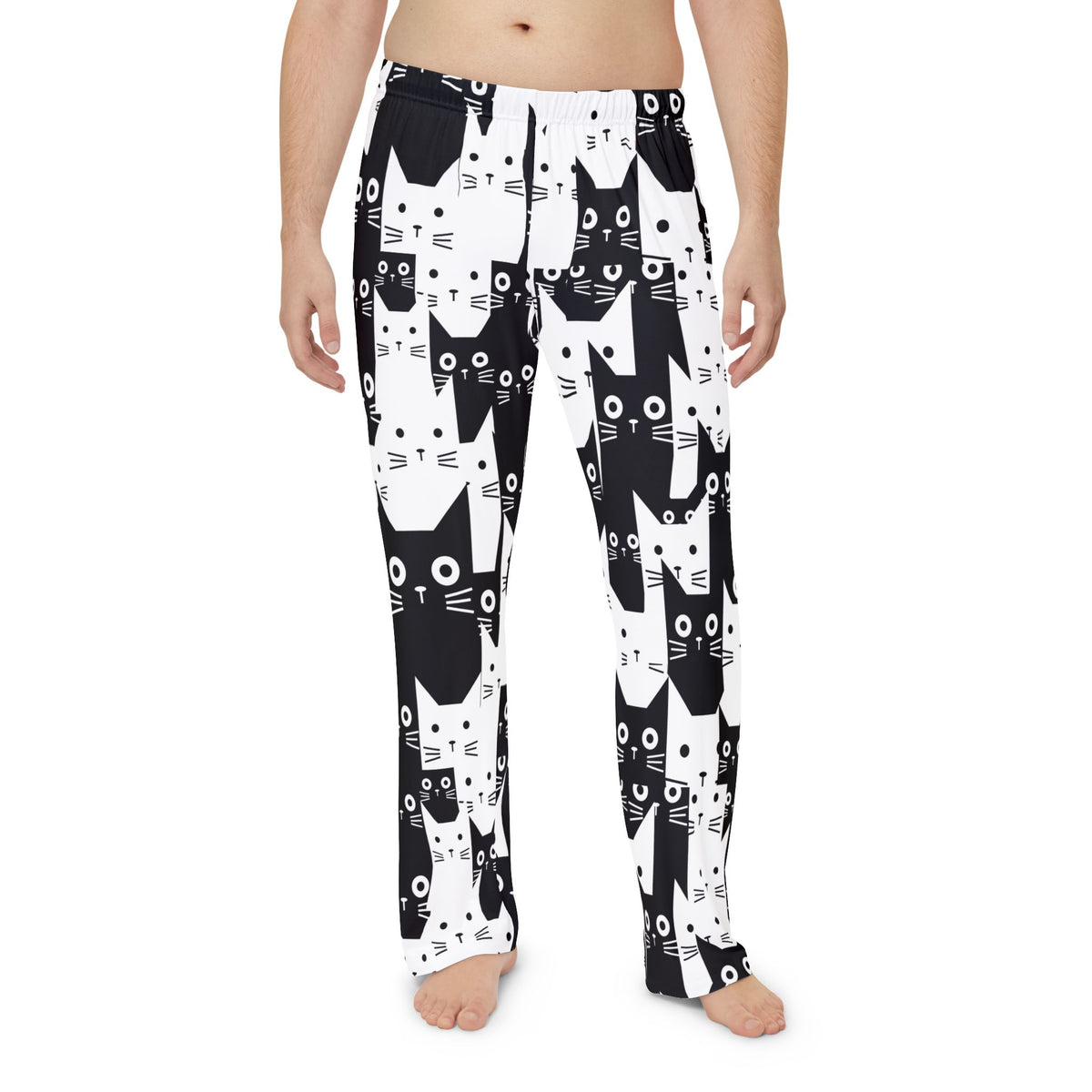 Men's Black and White Cat Pattern Pajama Pants | All-Over Print Lounge Trousers