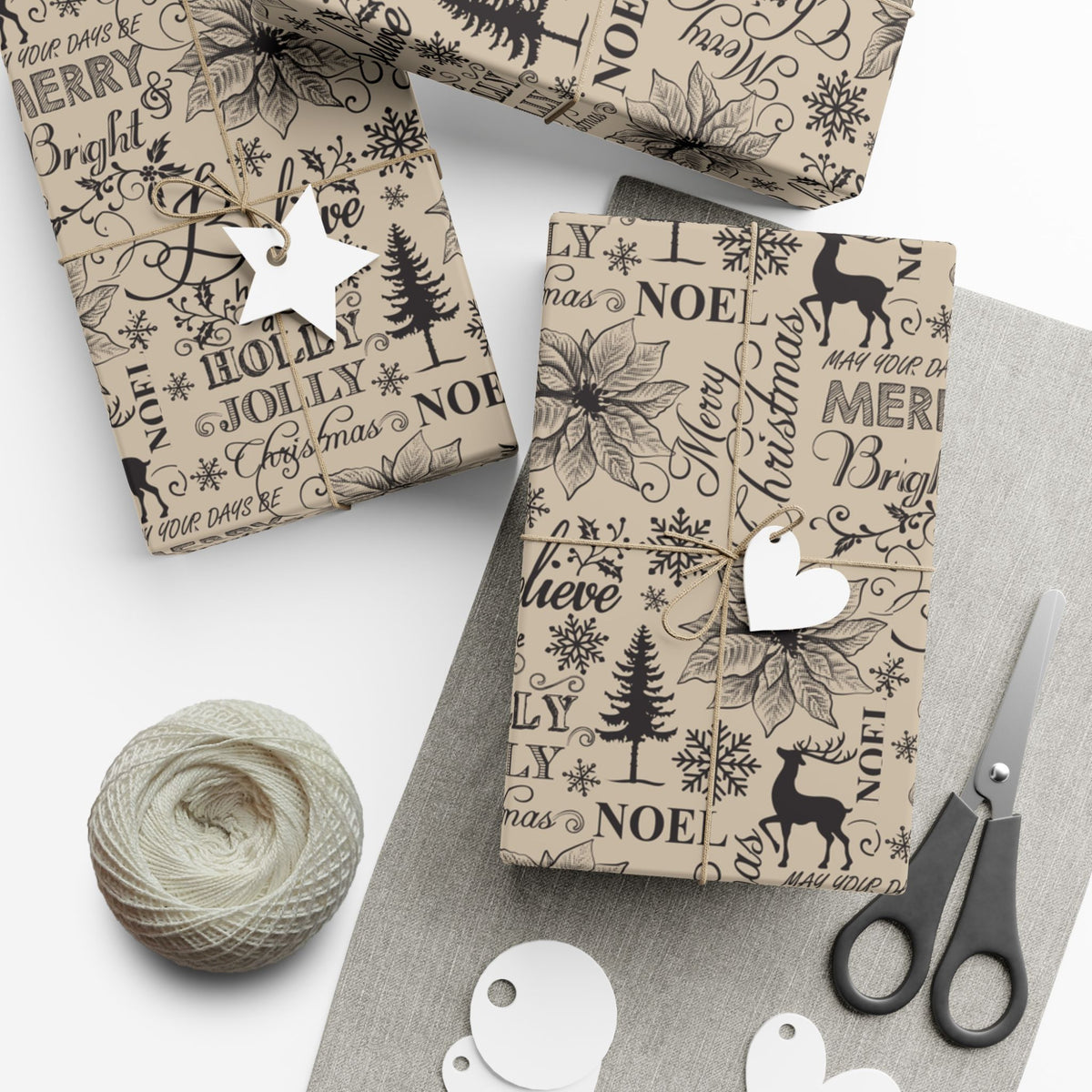 Vintage Christmas typography gift wrap paper sheets with beige base and black Noel lettering