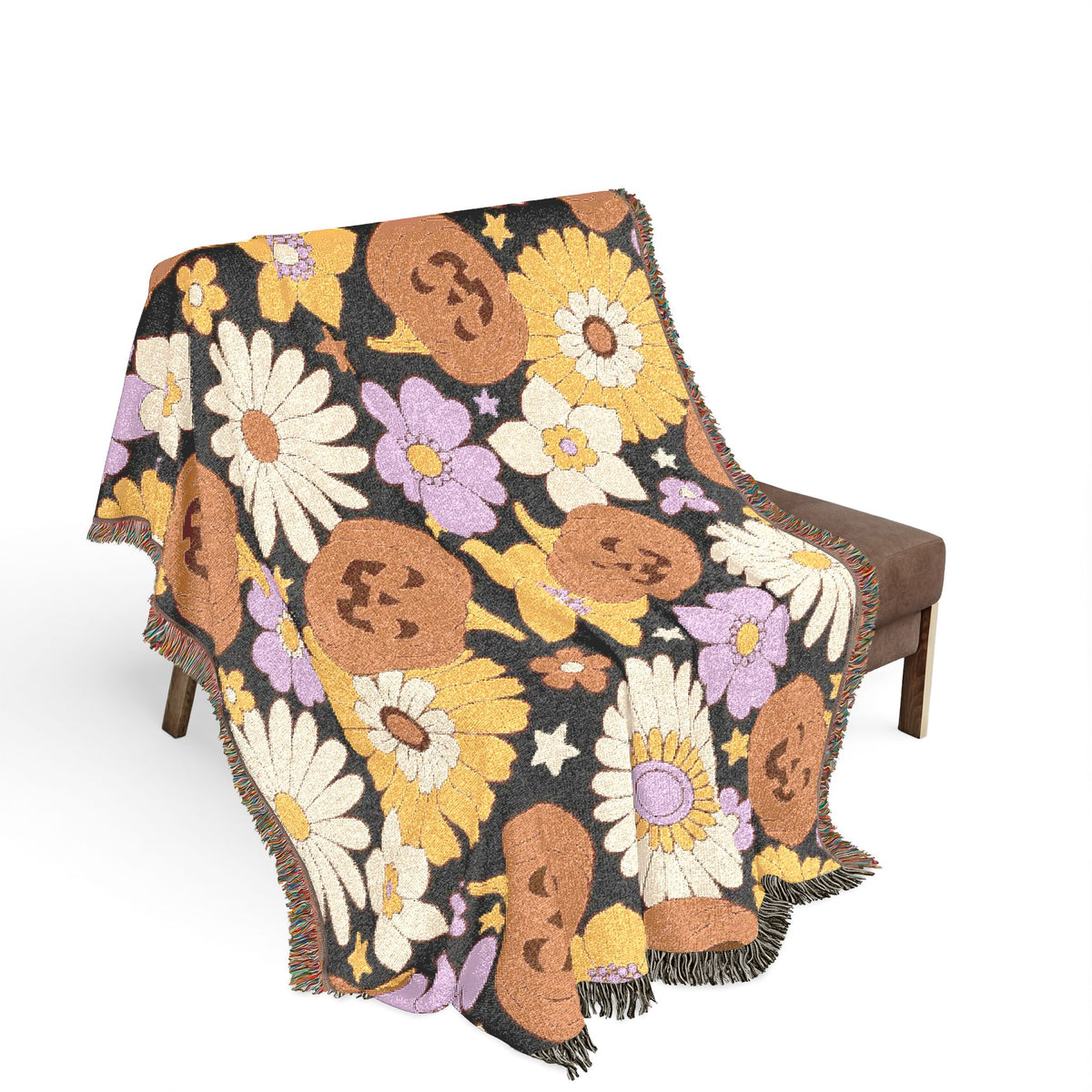 Retro Floral Pumpkin Pattern Woven Blanket | Autumn Daisy Throw