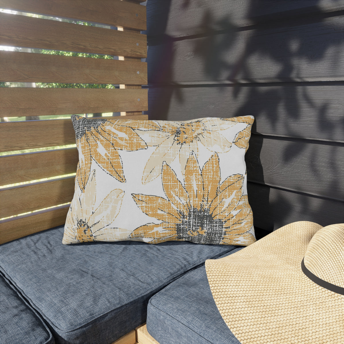 Sunflower Sketch Outdoor Pillow — Yellow Floral Patio Cushion