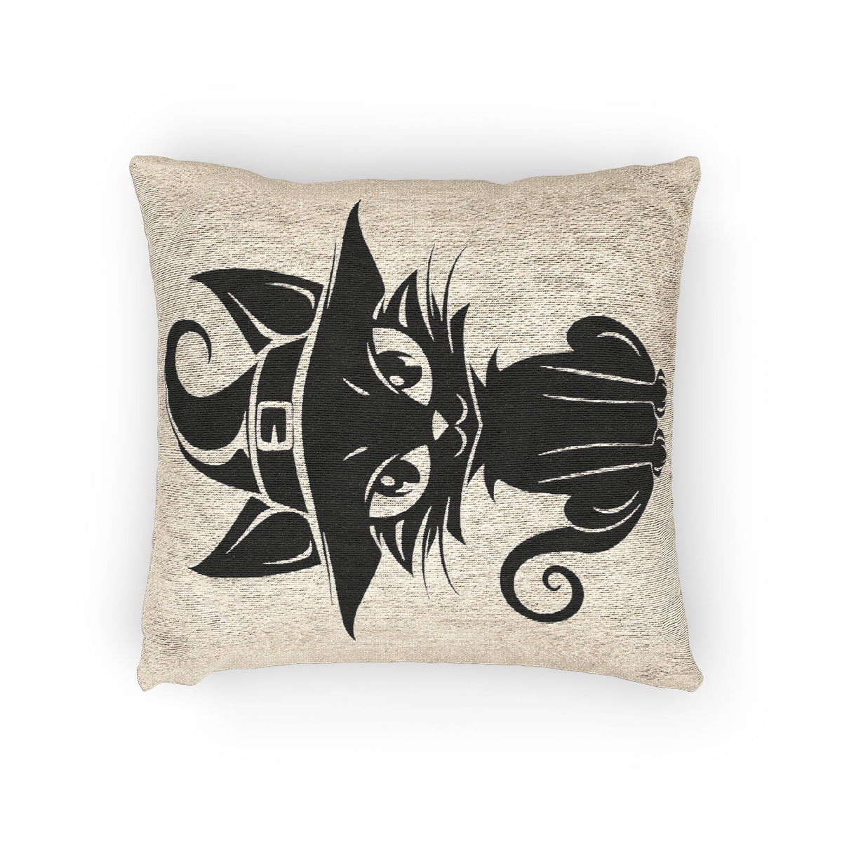 Beige woven cat pillow featuring black cat and witch-hat face graphic