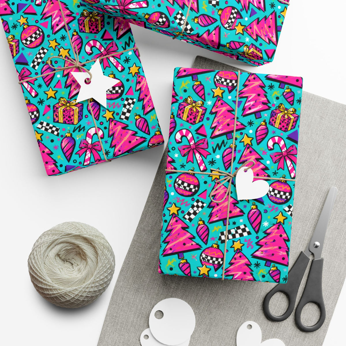 Christmas gift wrap paper, colorful icons with presents, bows, candy canes, trees