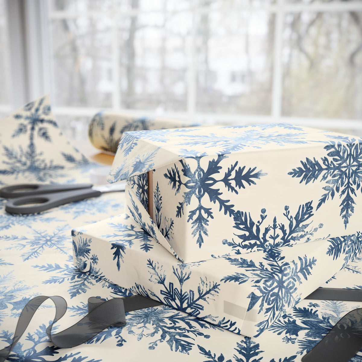 Winter Blue Snowflake Wrapping Paper Roll — Elegant Holiday Gift Wrap