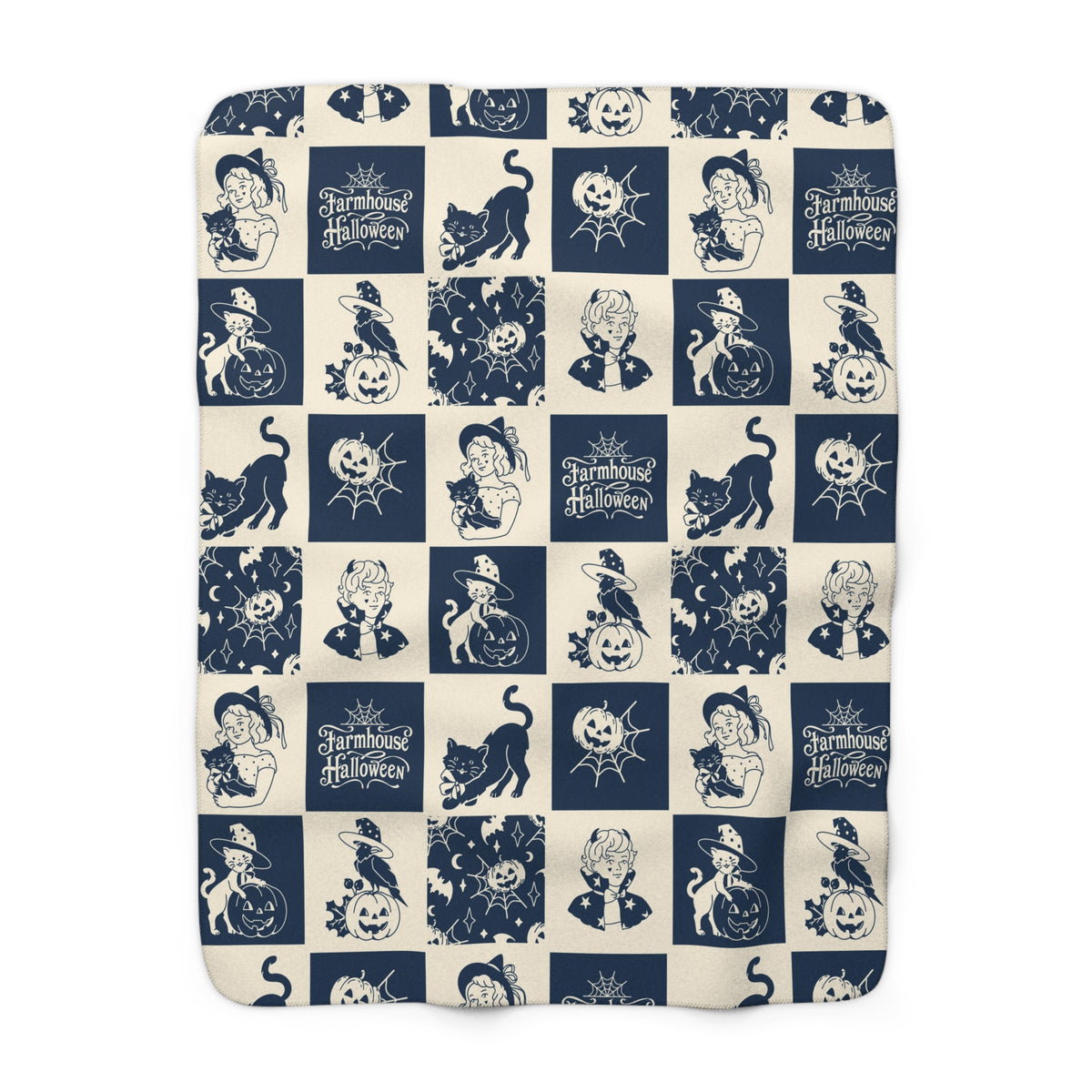 Vintage Farmhouse Halloween Sherpa Blanket — Retro Pumpkin & Cat Fleece Throw
