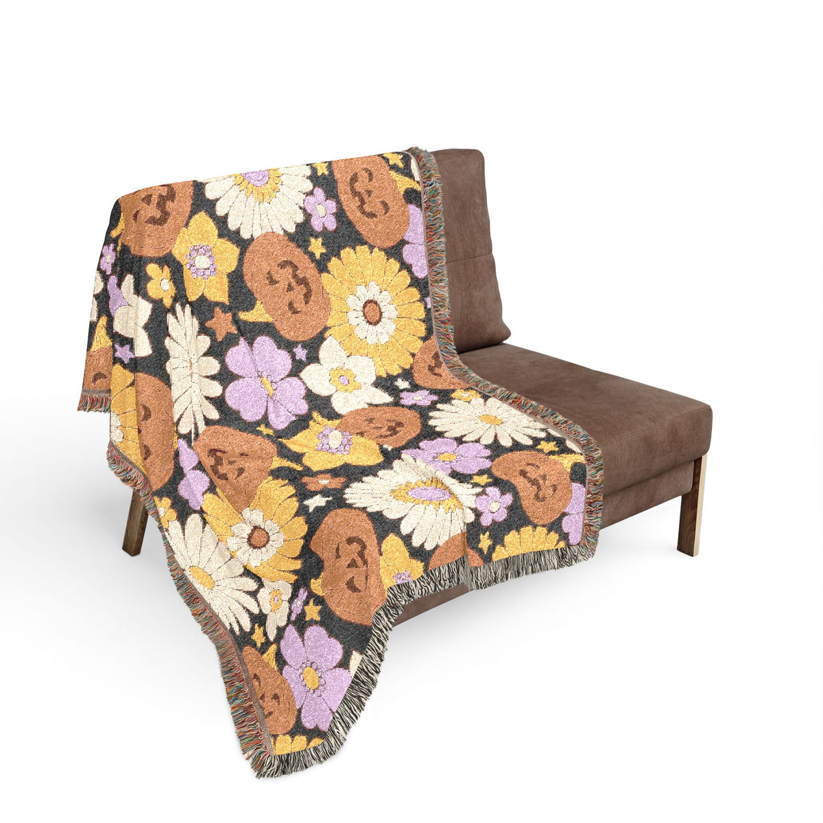 Retro Floral Pumpkin Pattern Woven Blanket | Autumn Daisy Throw