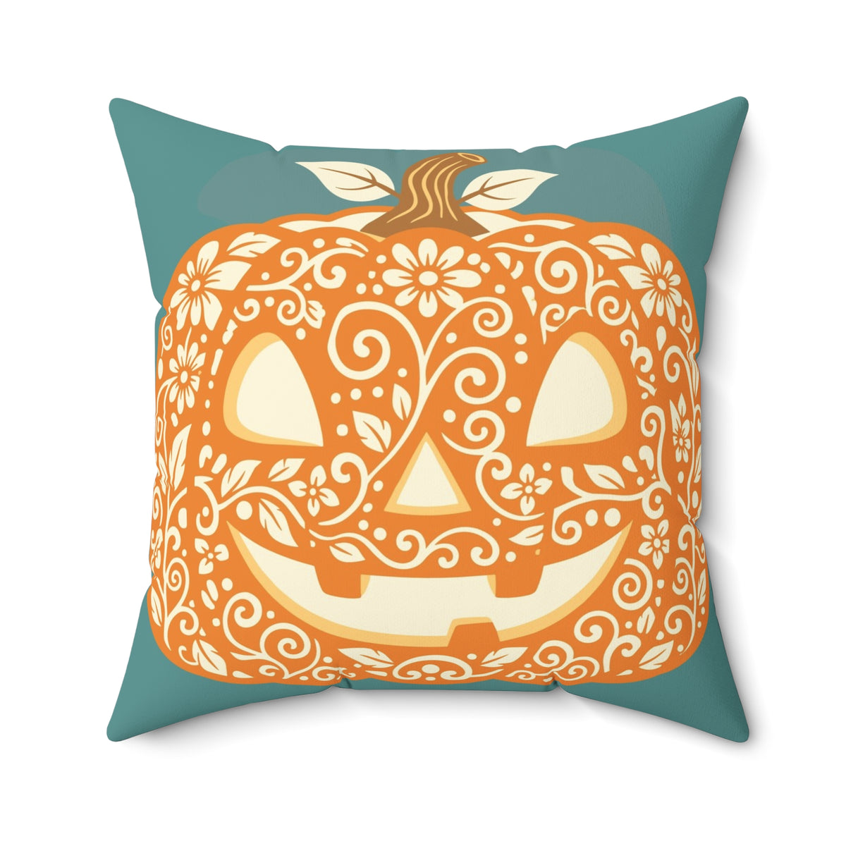 Floral Sugar Skull Pumpkin Pillow | Square Decorative Halloween Pillow