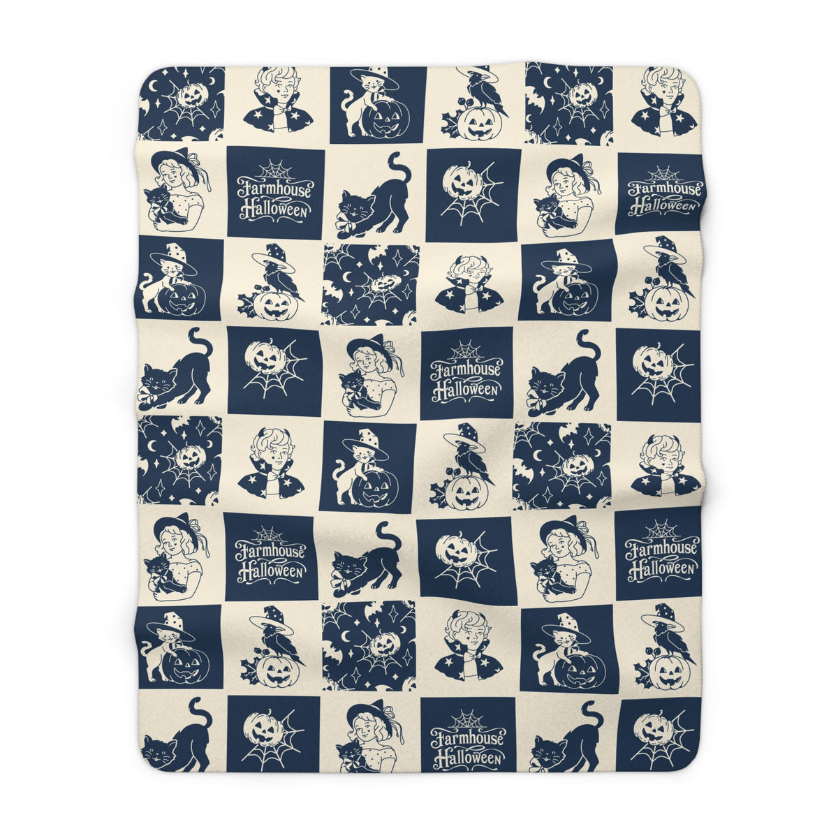 Vintage Farmhouse Halloween Sherpa Blanket — Retro Pumpkin & Cat Fleece Throw