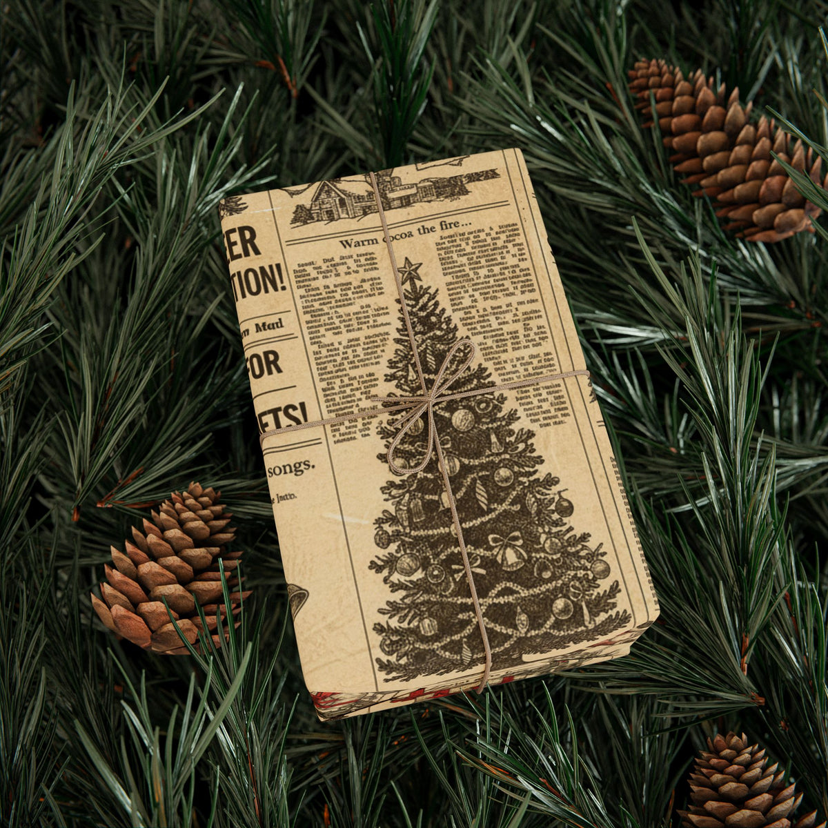 Vintage Newspaper Christmas Tree Wrapping Paper | Holiday Print