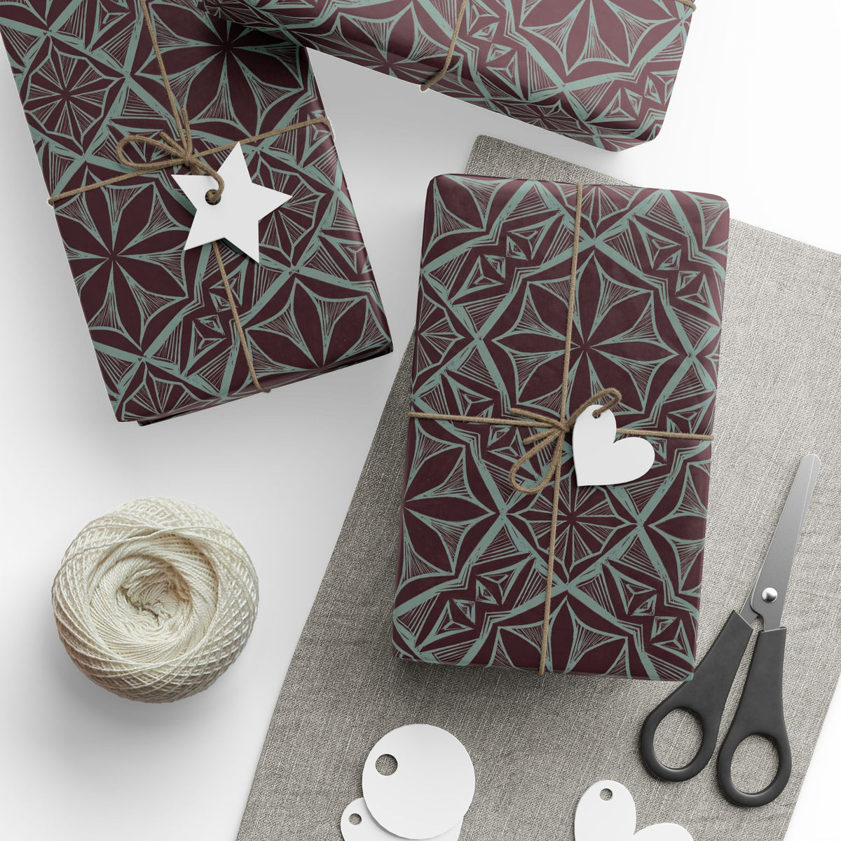 Geometric Starburst Pattern Wrapping Paper | Burgundy Teal Gift Wrap