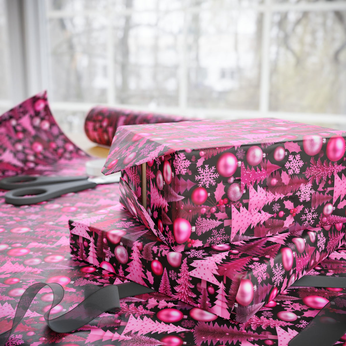 Pink Holidays Ornaments Wrapping Paper | Designer Christmas Pattern Roll