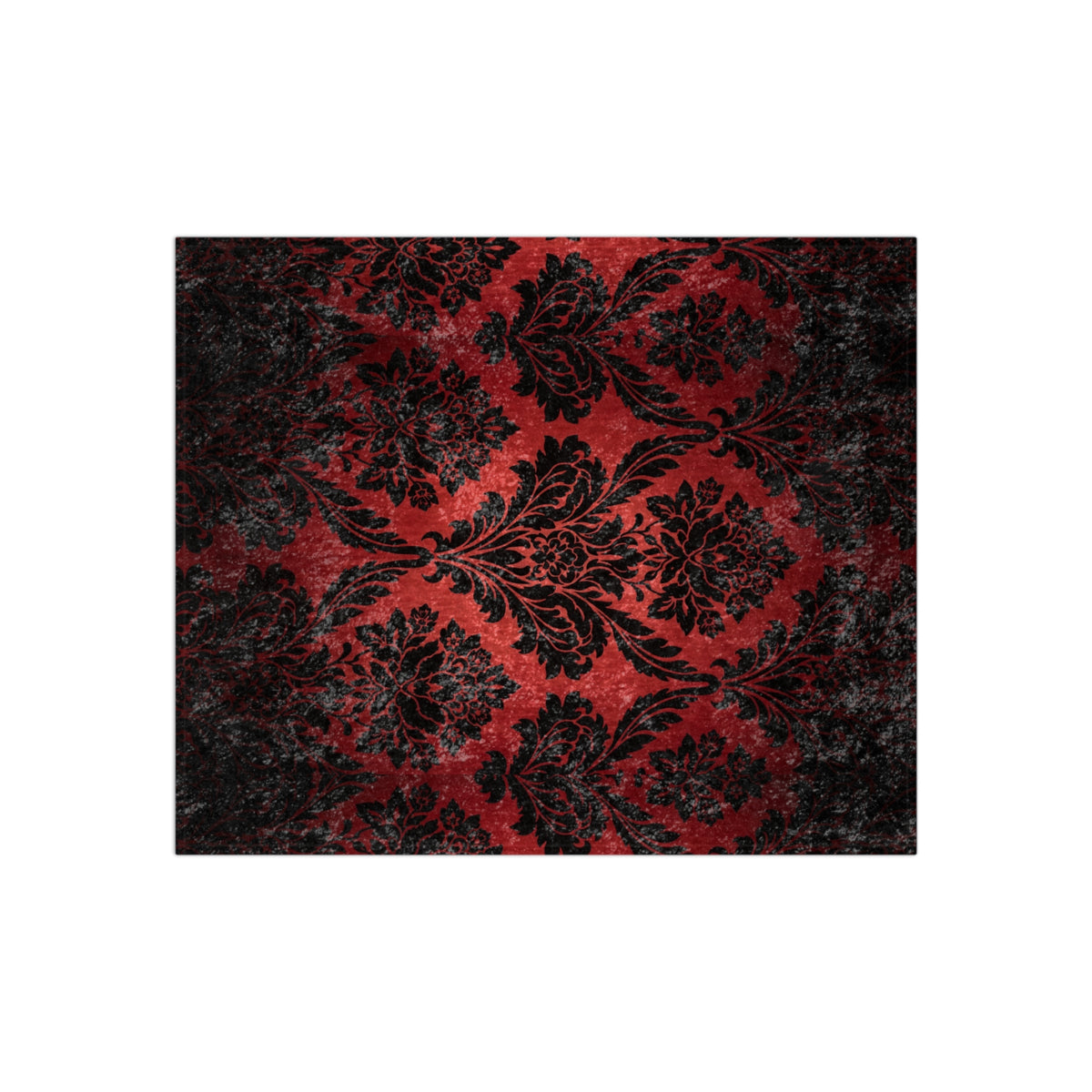 Red and black damask floral throw blanket with ornate swirling pattern
