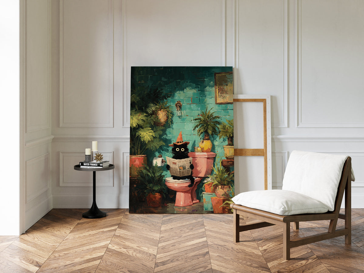 Framed cat artwork in warm wood tone, teal plants, and terracotta pots