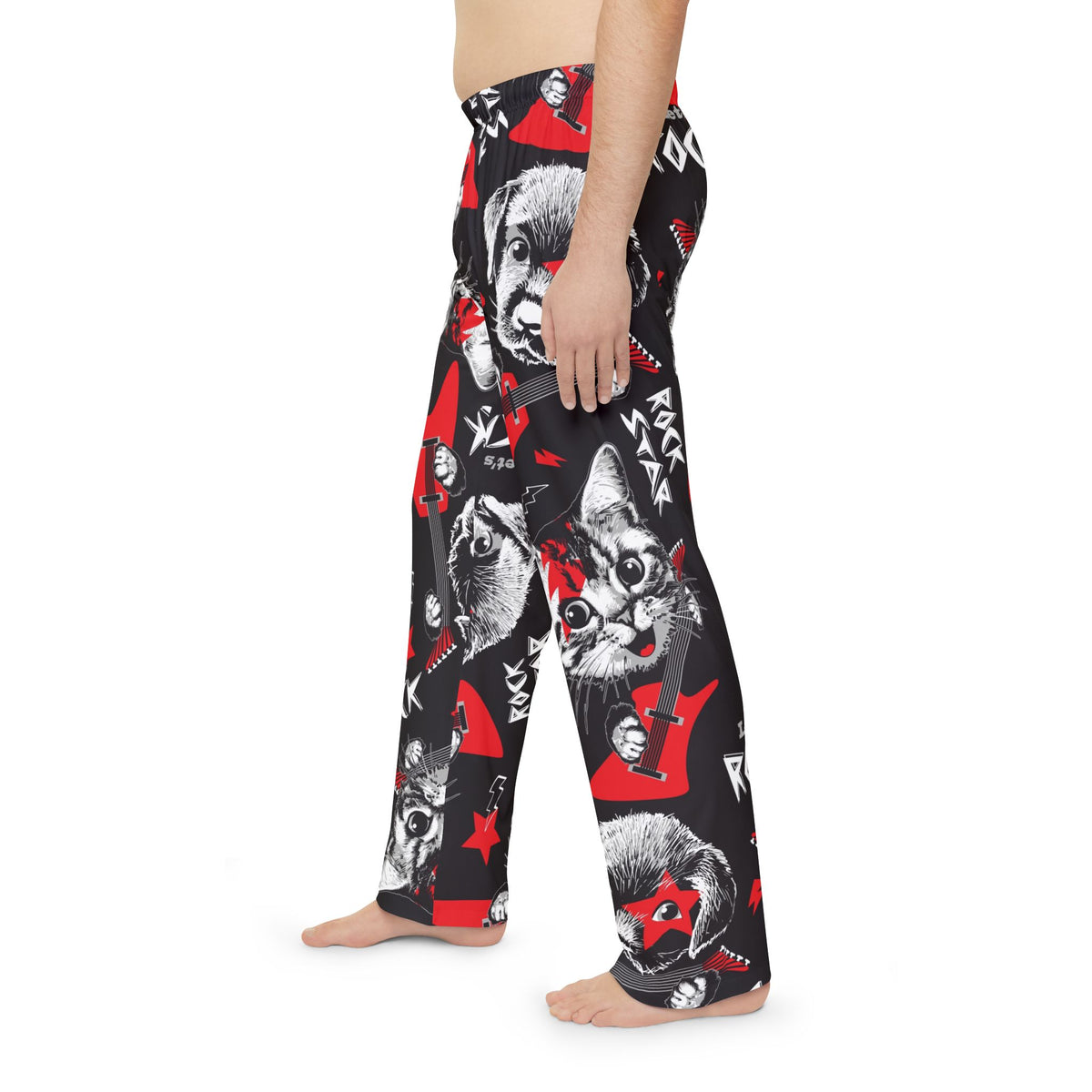 Men's Rockin Cats & Dogs Pajama Pants — Red & Black All-Over Print "Let's Rock" Lounge Pants