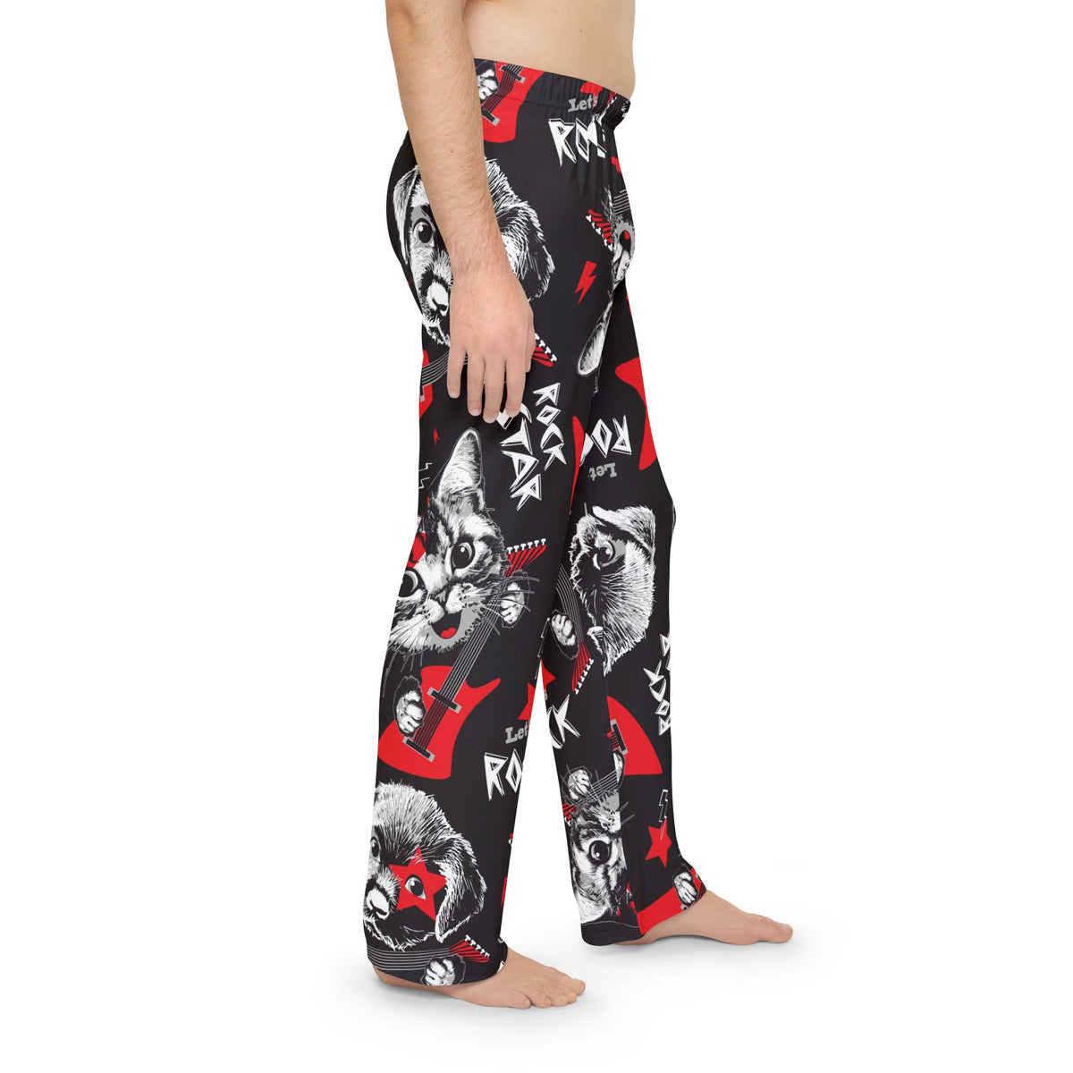 Men's Rockin Cats & Dogs Pajama Pants — Red & Black All-Over Print "Let's Rock" Lounge Pants