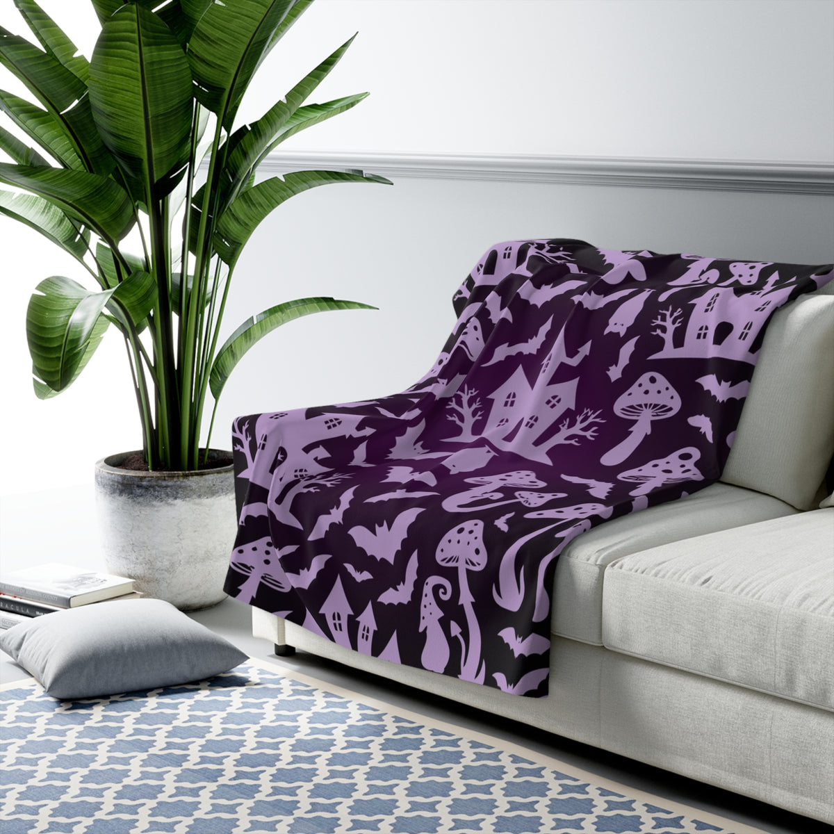 Haunted Castle and Mushrooms Sherpa Blanket | Purple Halloween Pattern