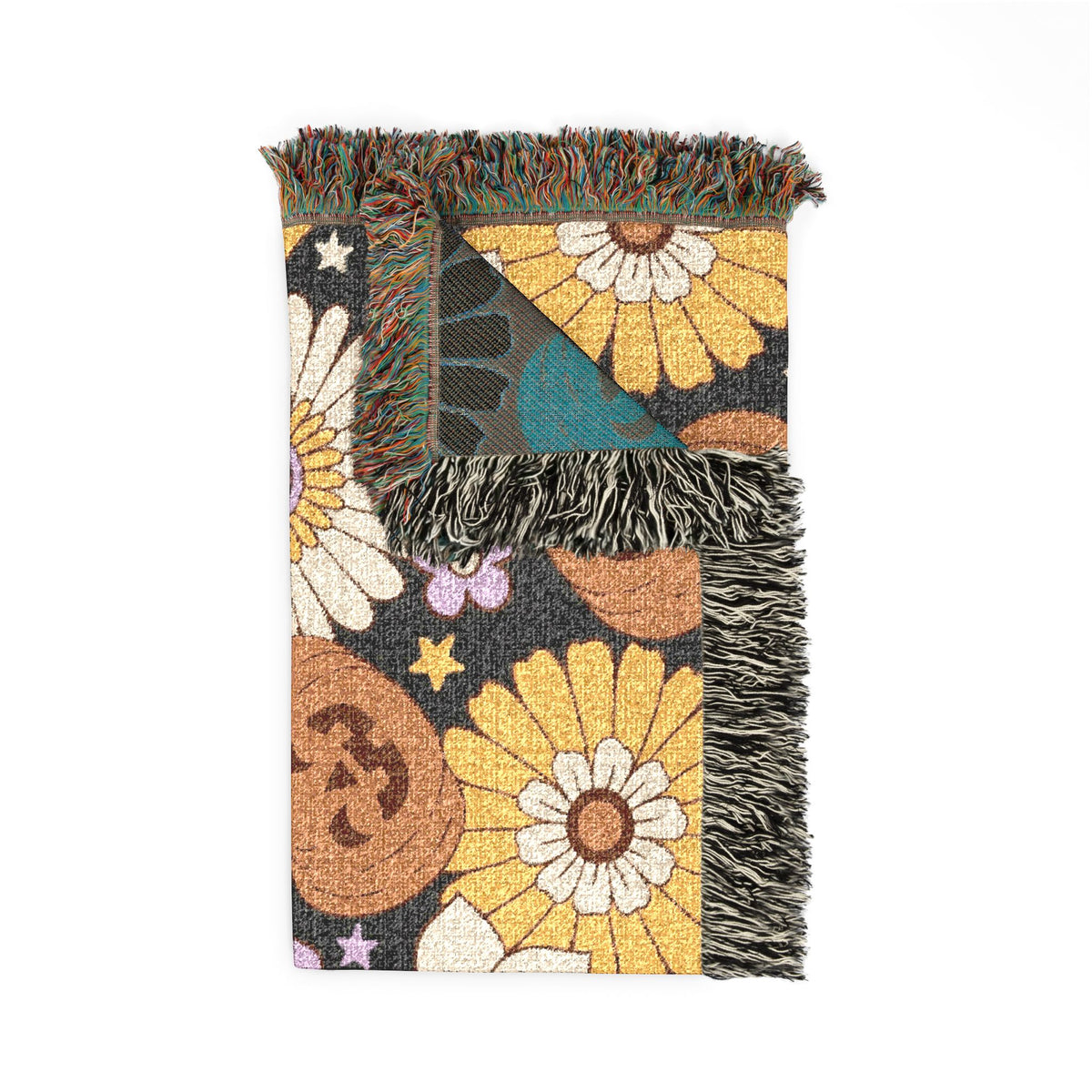 Retro Floral Pumpkin Pattern Woven Blanket | Autumn Daisy Throw
