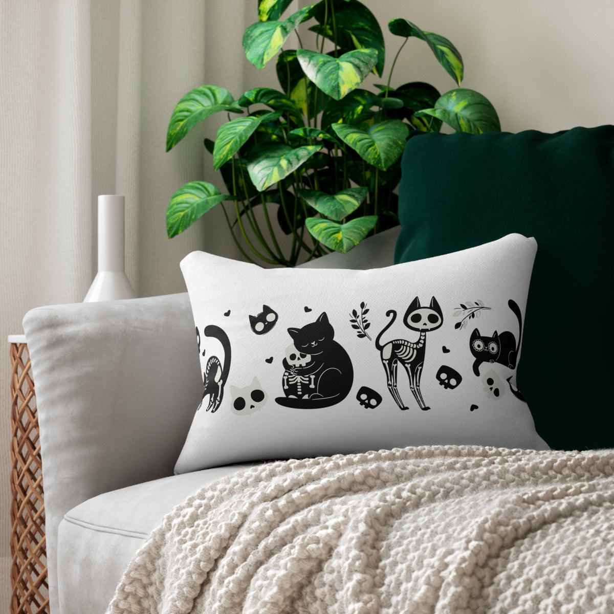 Black Skeleton Cat Pattern Lumbar Pillow | Halloween Cat Illustration