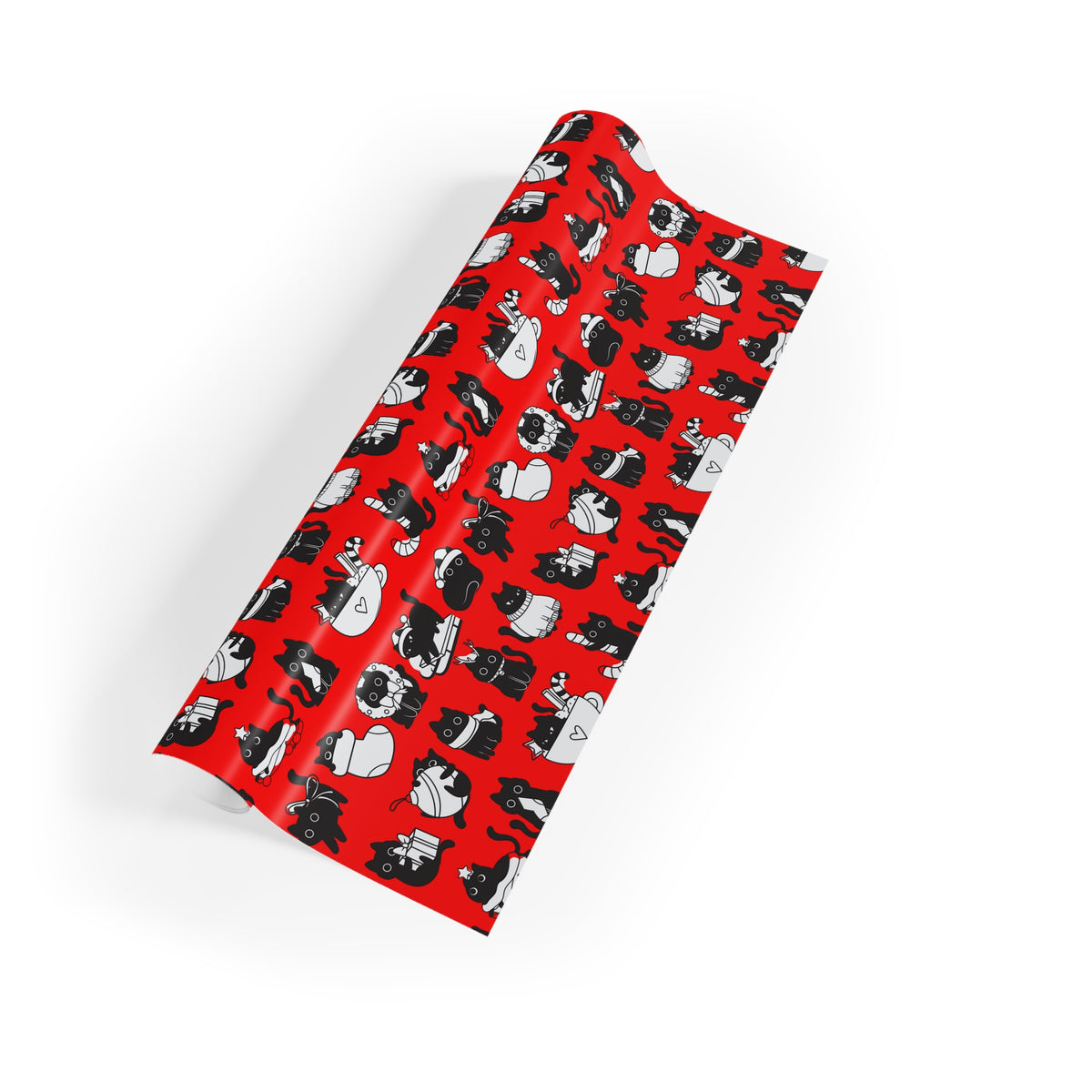Cat Pattern Gift Wrap Roll — Red Holiday Wrapping Paper with Black & White Cats