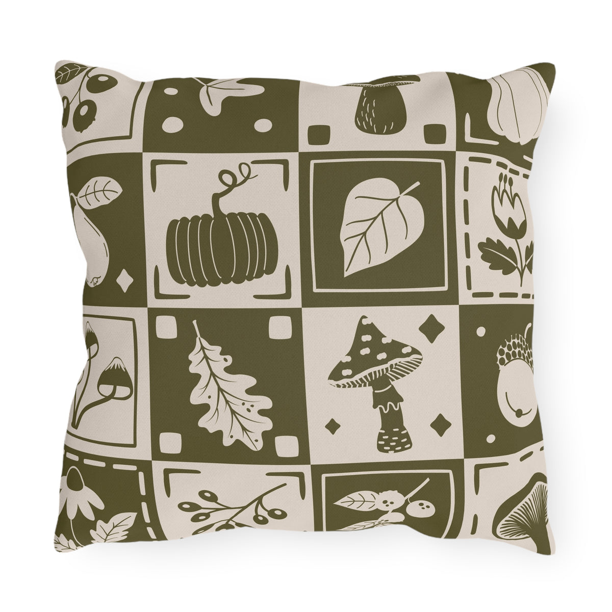 Autumn Botanicals Outdoor Pillow | Pumpkin Leaf Mushroom Acorn Pattern