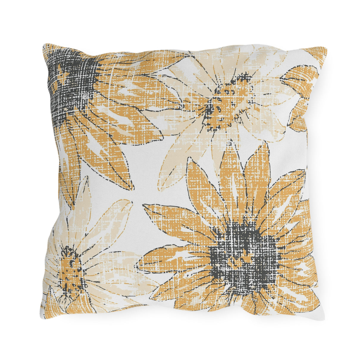 Sunflower Sketch Outdoor Pillow — Yellow Floral Patio Cushion