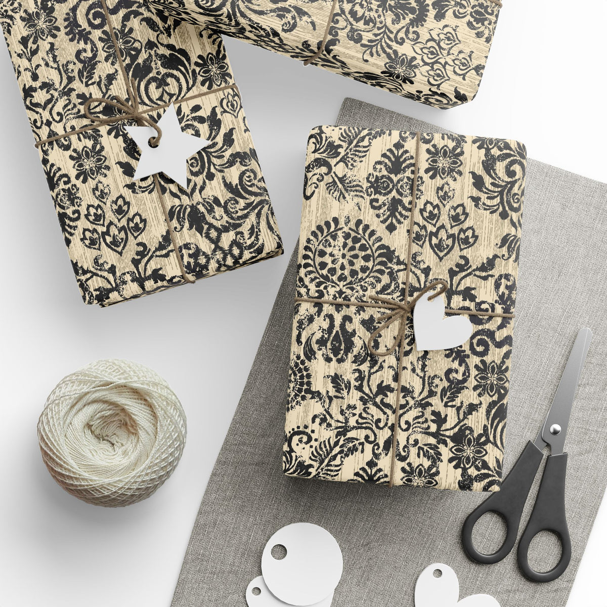 Damask Gift Wrapping Paper Roll — Vintage Black & Cream Floral Pattern