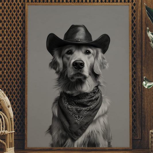 Framed canvas print of a white dog cowboy with hat and bandana