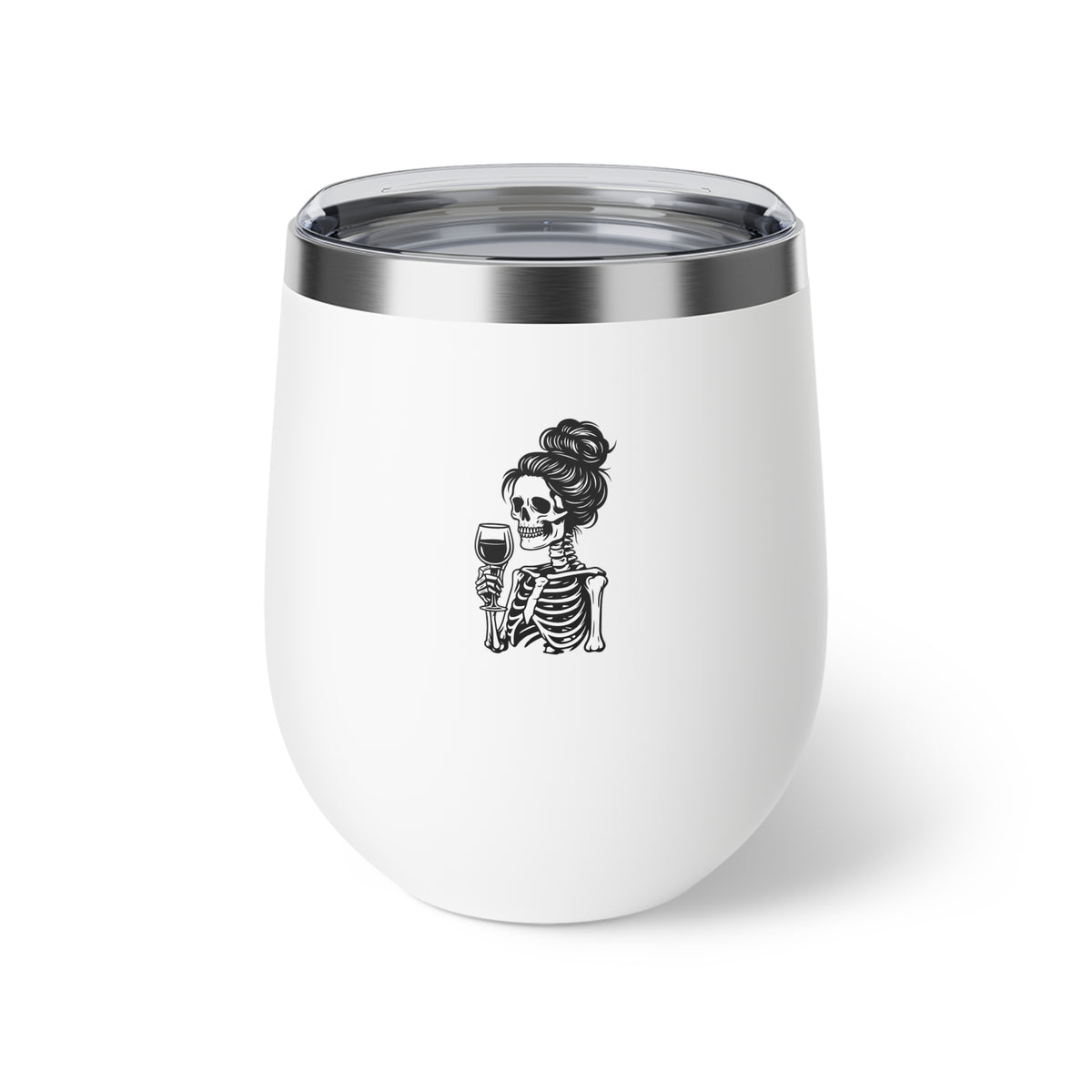 White 12oz tumbler with skeleton holding wine glass graphic and clear lid