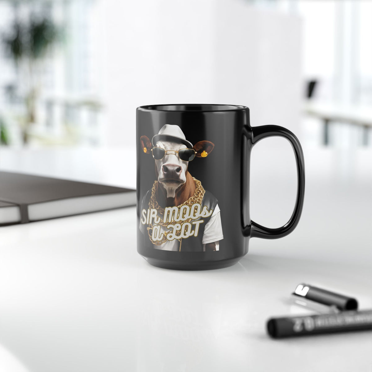 Sir Moos-a-Lot Cow Mug — Funny Hipster Cow Coffee Cup (Black, 11oz/15oz)