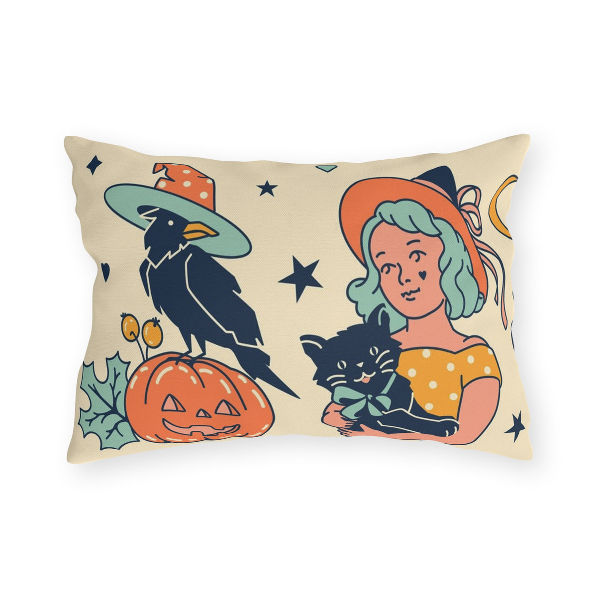 Vintage Halloween Witch Cats Outdoor Pillow | Pumpkin Skull Bat Pattern