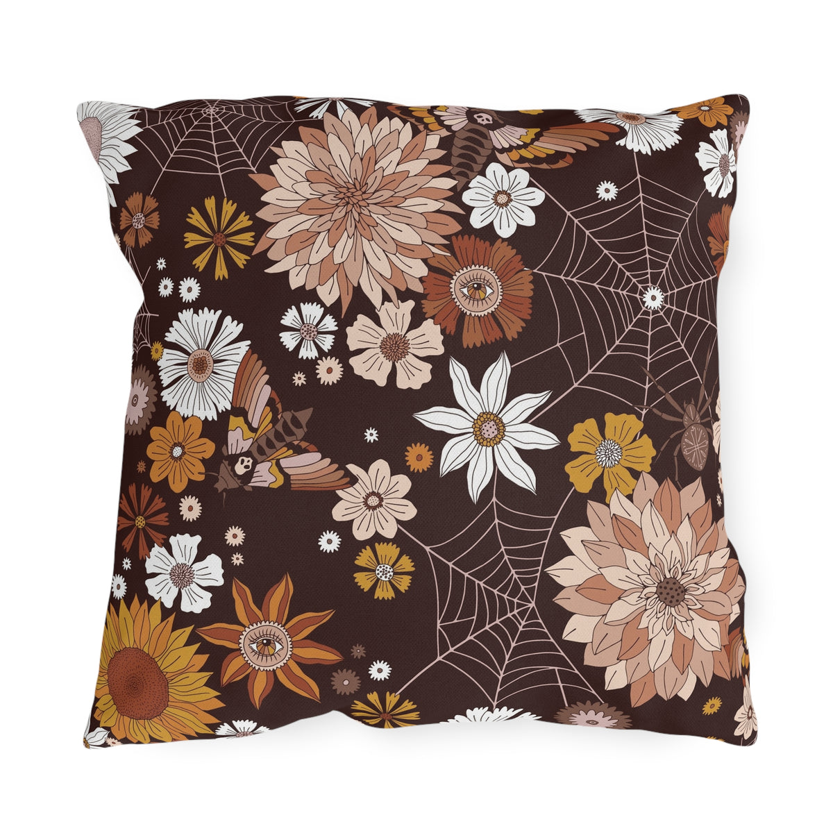 Outdoor Pillow — Brown Floral & Spiderweb Fall Decorative Cushion